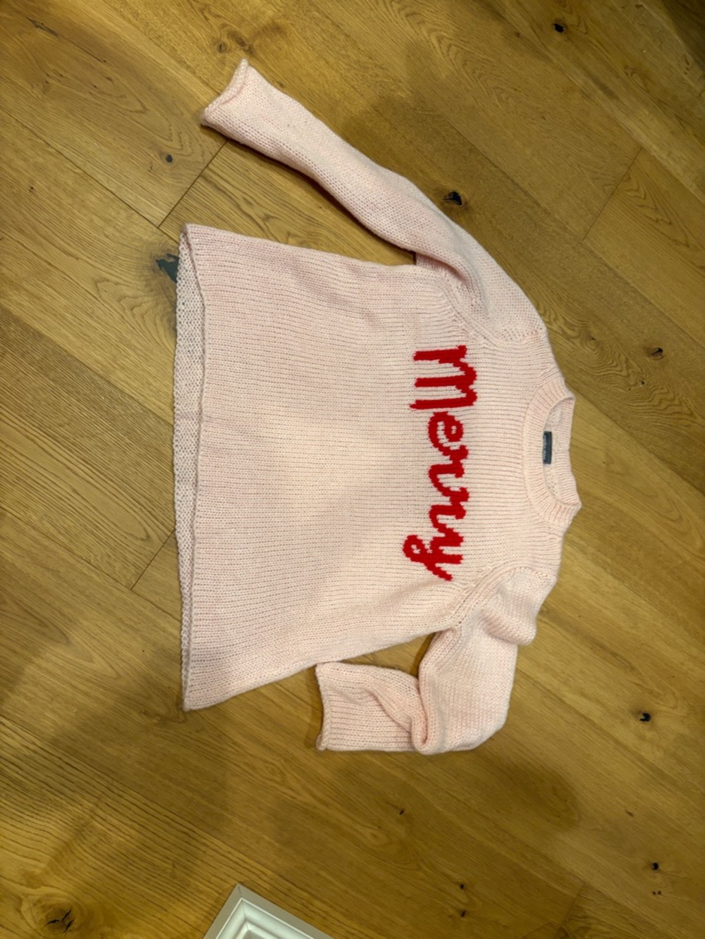 Wooden Ships Light Pink Knit Crewneck with Red "merry" Script